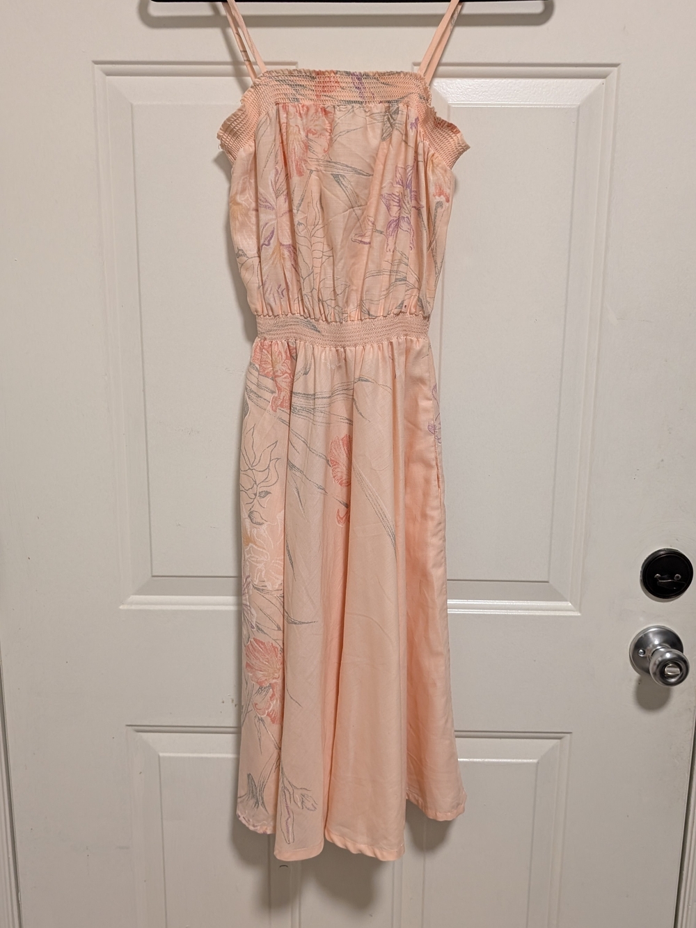 Vintage 80s Byer Too Dress Womens Size 7 Pink Floral Smocked Waist Sun Dress